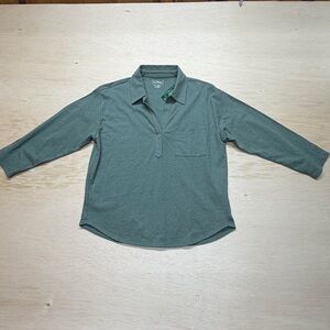 Lands End Cotton/Linen Splitneck Polo 3/4 Sleeve Wo Regular Small Sea Green NWT